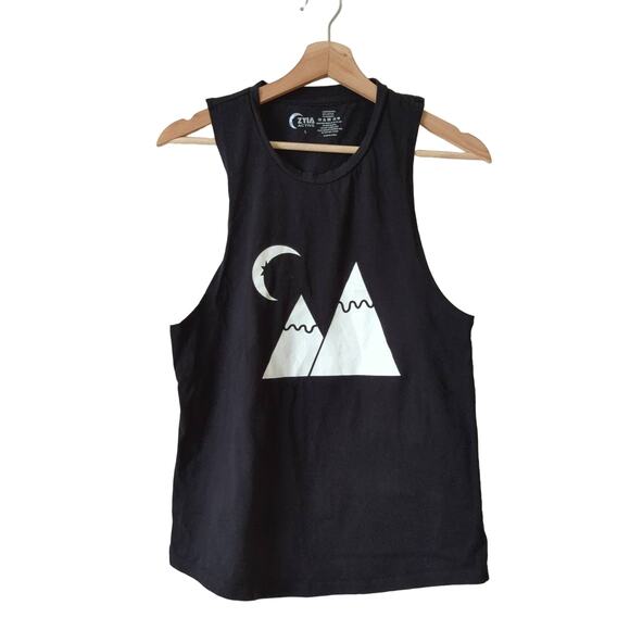 ZYIA Active Womens Muscle Tee Tank Top Black White Large Mountains Moon Workout - Picture 1 of 6